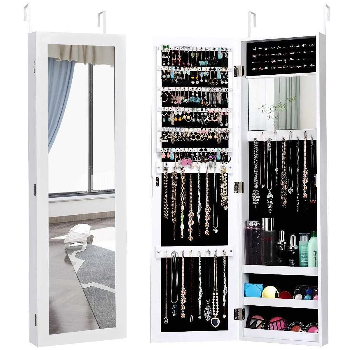 Costway Wall Mounted Jewelry Cabinet Jewelry Armoire w/Full-Length Mirror in White