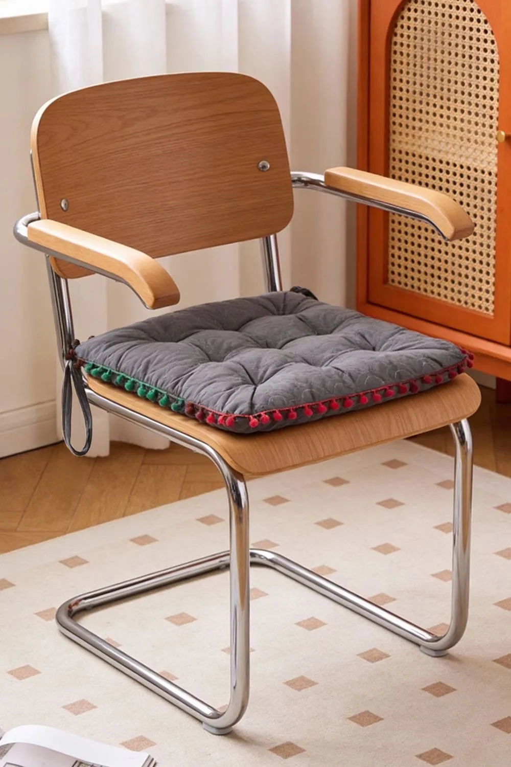 Living and Home Quilted Pom-Pom Trimmed Chair Cushion in Grey
