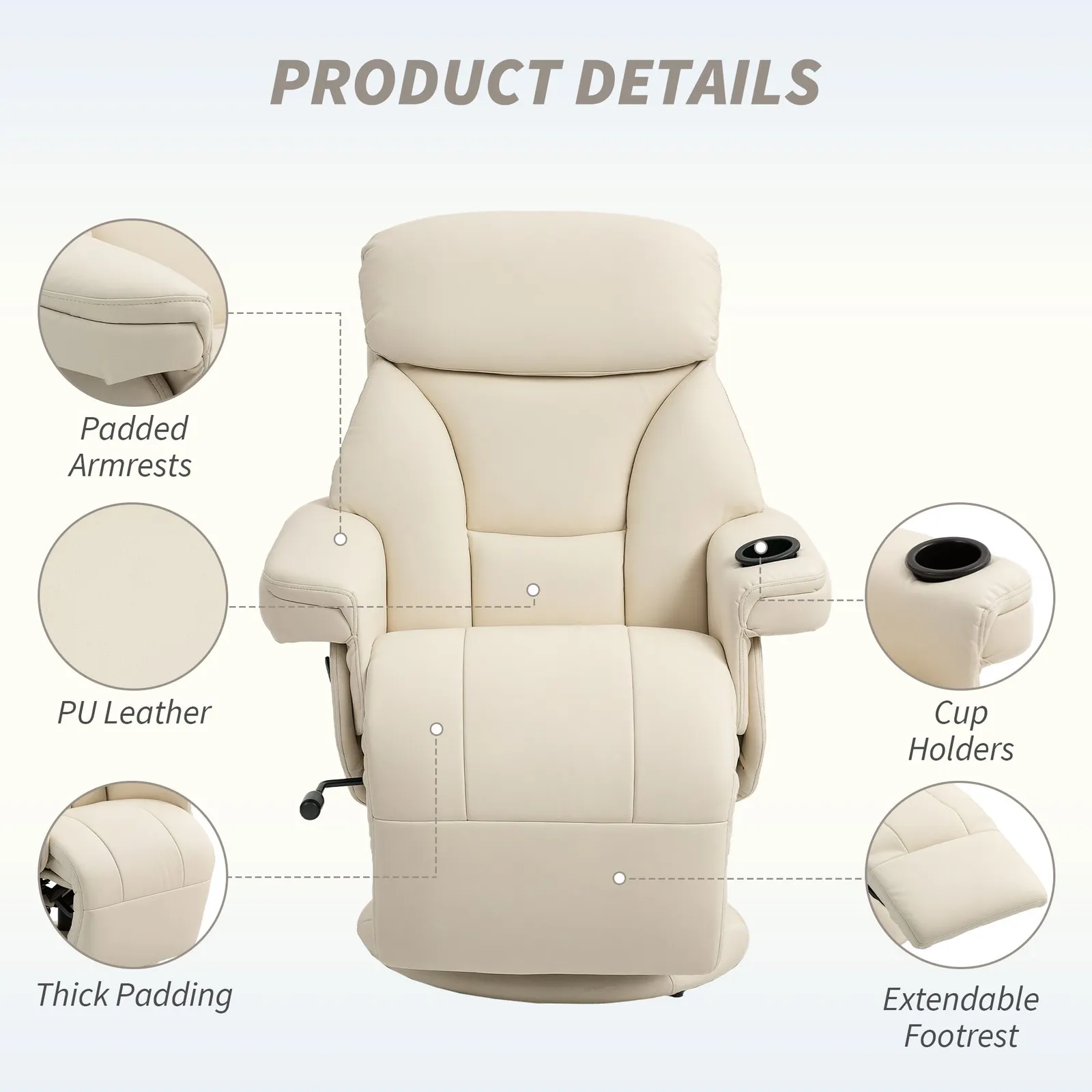 HOMCOM Manual Recliner Swivel Lounge Chair with Footrest, Cream White 6
