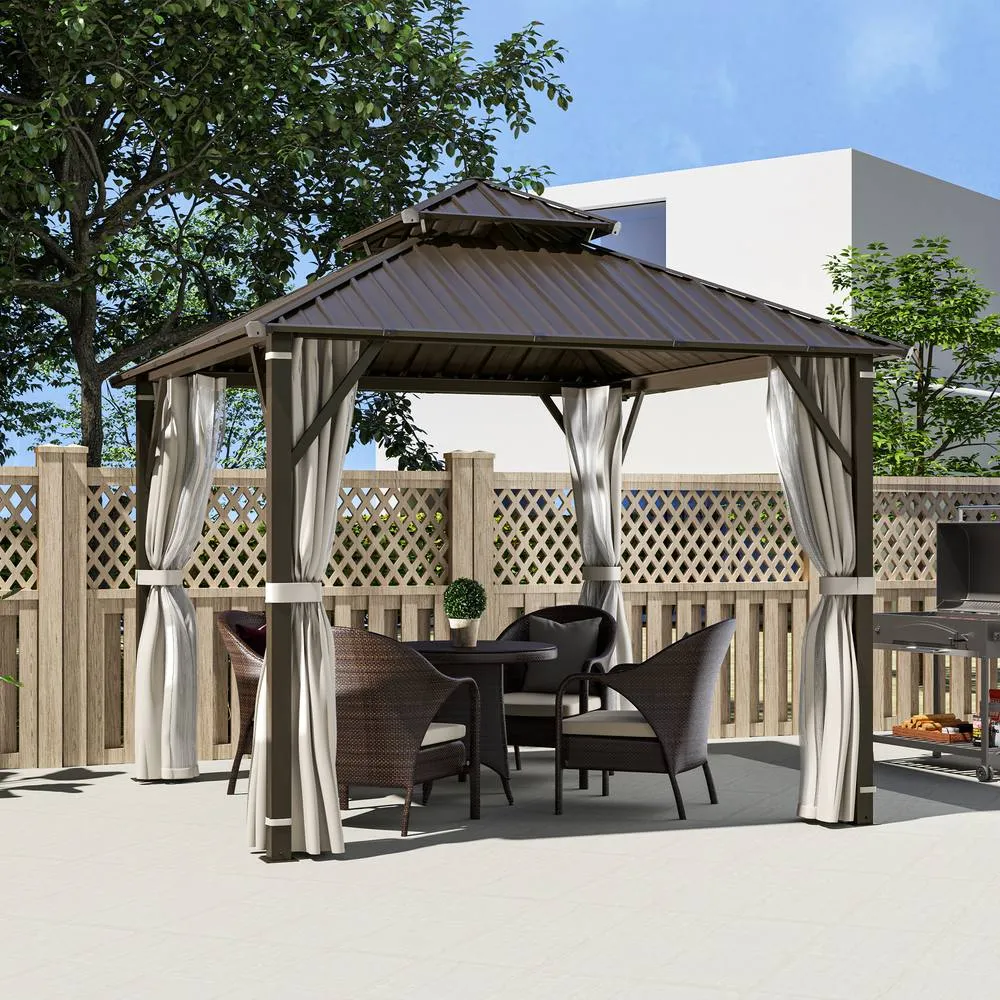 OUTSUNNY 3 x 3(m) Hardtop Gazebo with Metal Roof, Netting & Curtains in Beige