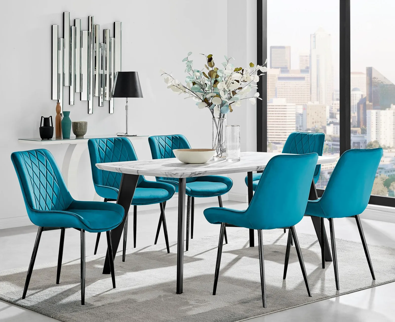 FurnitureboxUK Andria White Marble Effect & Black Leg 6 Seater Dining Table & 6 Pesaro Soft Velvet Chairs in Blue 1