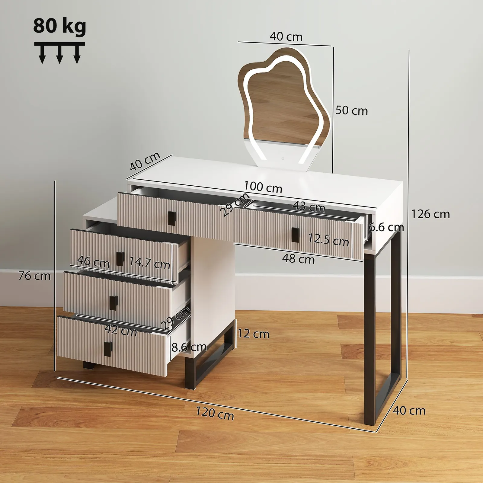 HOMCOM Dressing Table with LED Leaf Shape Mirror & 5 Drawers, White 3