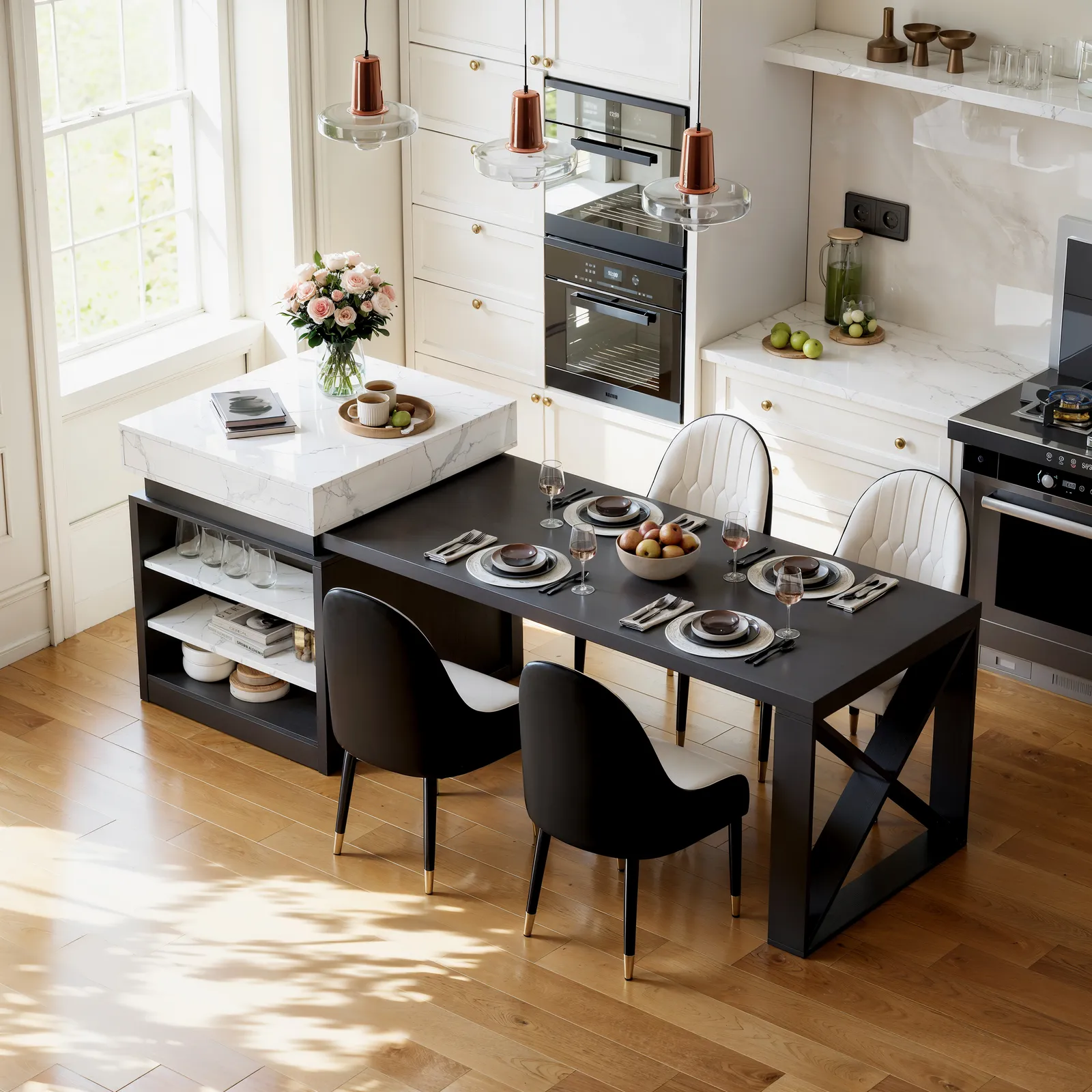 185 - 235 cm Extendable White&Black Kitchen Island with Storage Kitchen Cabinet