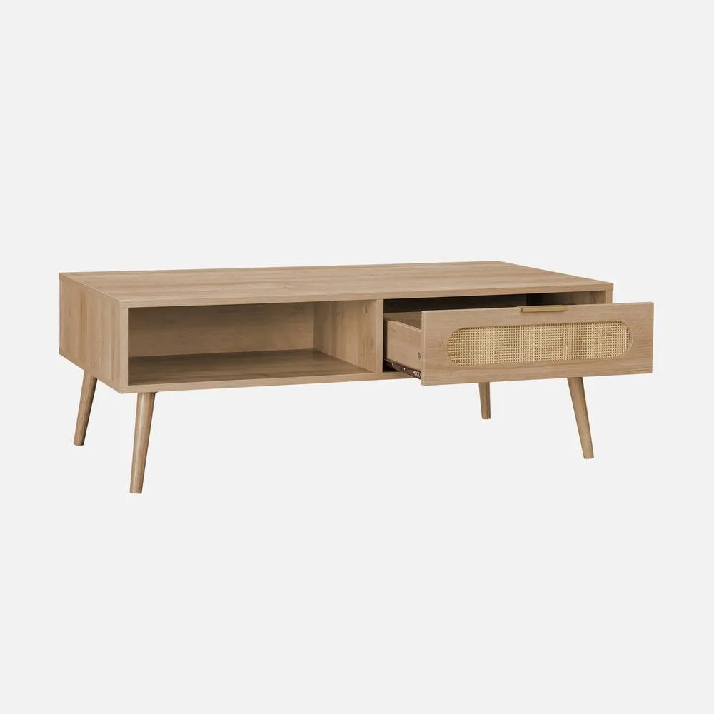 sweeek Wood & Rounded Cane Rattan Coffee Table in Light Brown 2