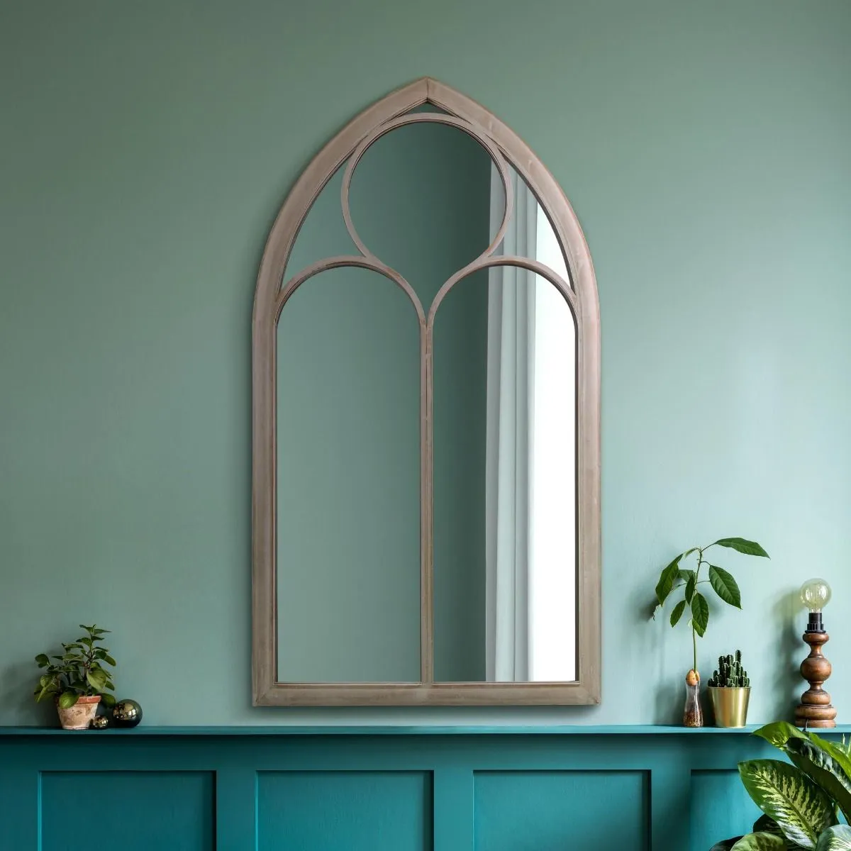 MirrorOutlet Rustic Metal Chapel Arched Wall Mirror Stone Colour (111CM X 61CM) in Beige 4