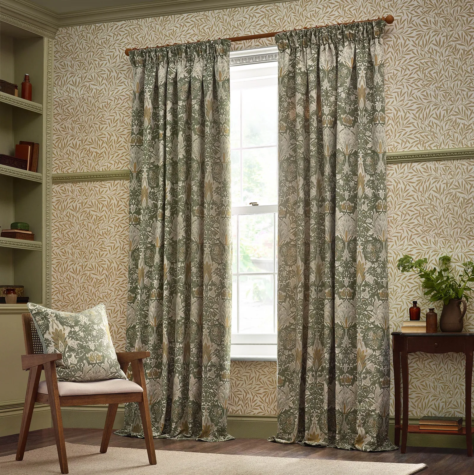 Morris & Co Snakeshead Jacquard Chenille Room Darkening Pencil Pleat Curtains in Stone 2