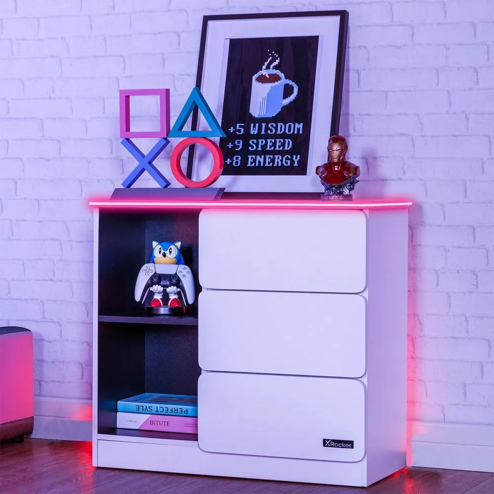 X Rocker Carbon-Tek Chest of 3 Drawers with 2 Shelves & LED Lighting in White 1