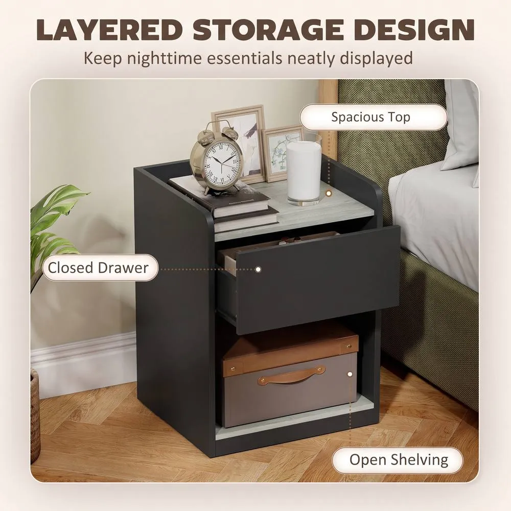 HOMCOM Bedside Table with Drawer & Open Shelf, Black & Grey Wood Effect 4