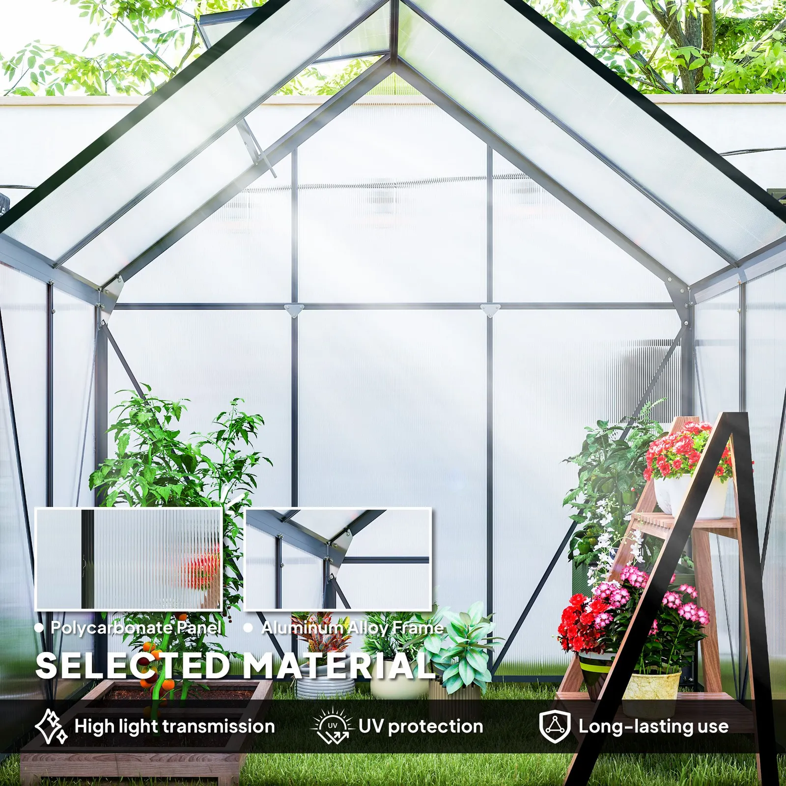 OUTSUNNY Polycarbonate Walk-in Garden Greenhouse w/ Sliding Door Grey 4