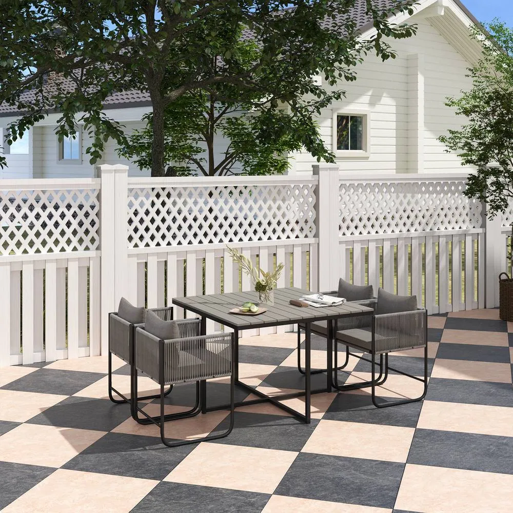 OUTSUNNY Rattan Dining Set, Rattan Cube Dining Sets w/ Space-saving Design in Grey