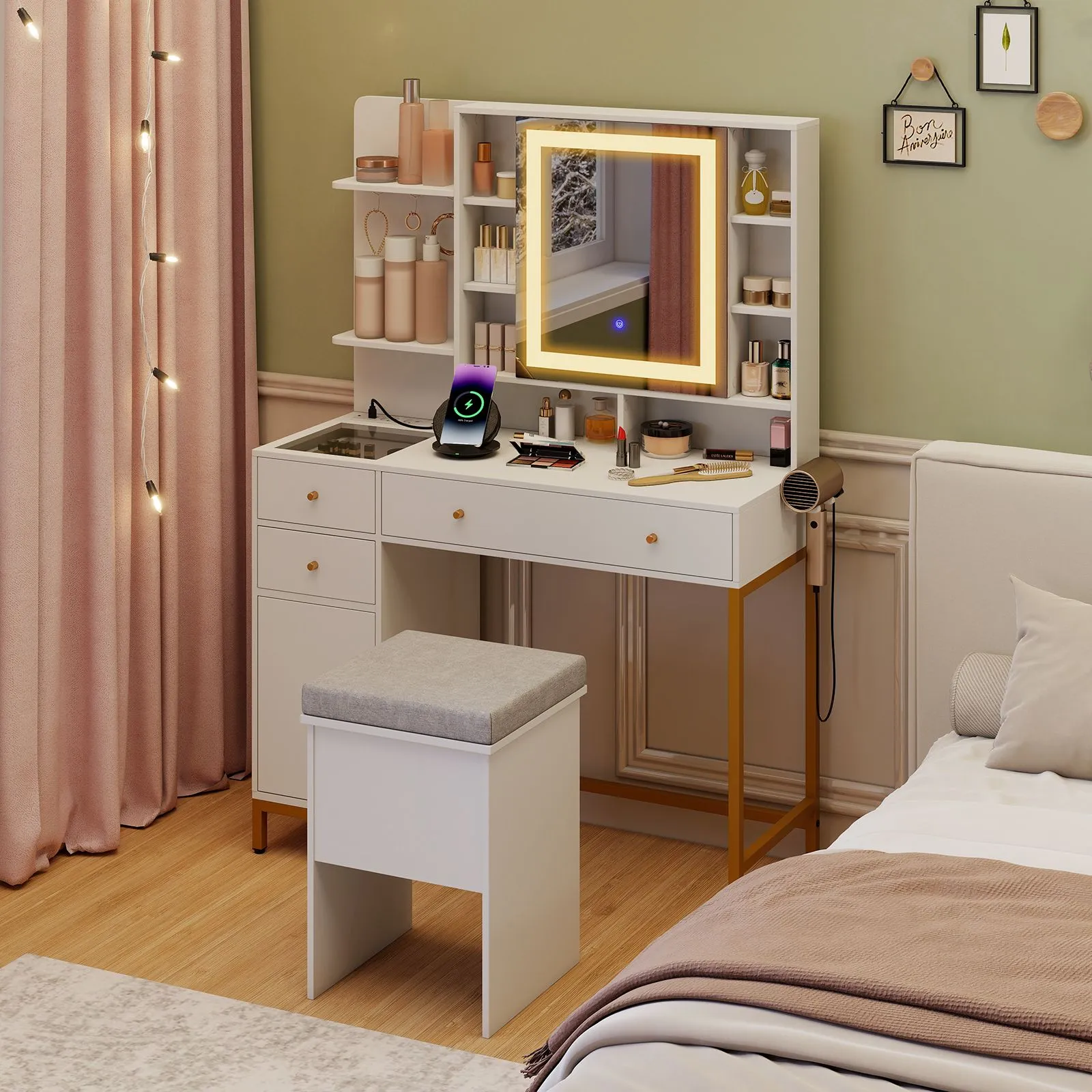 Costway Makeup Vanity Desk Dressing Table & Stool Set with Lighted Mirror in White 4