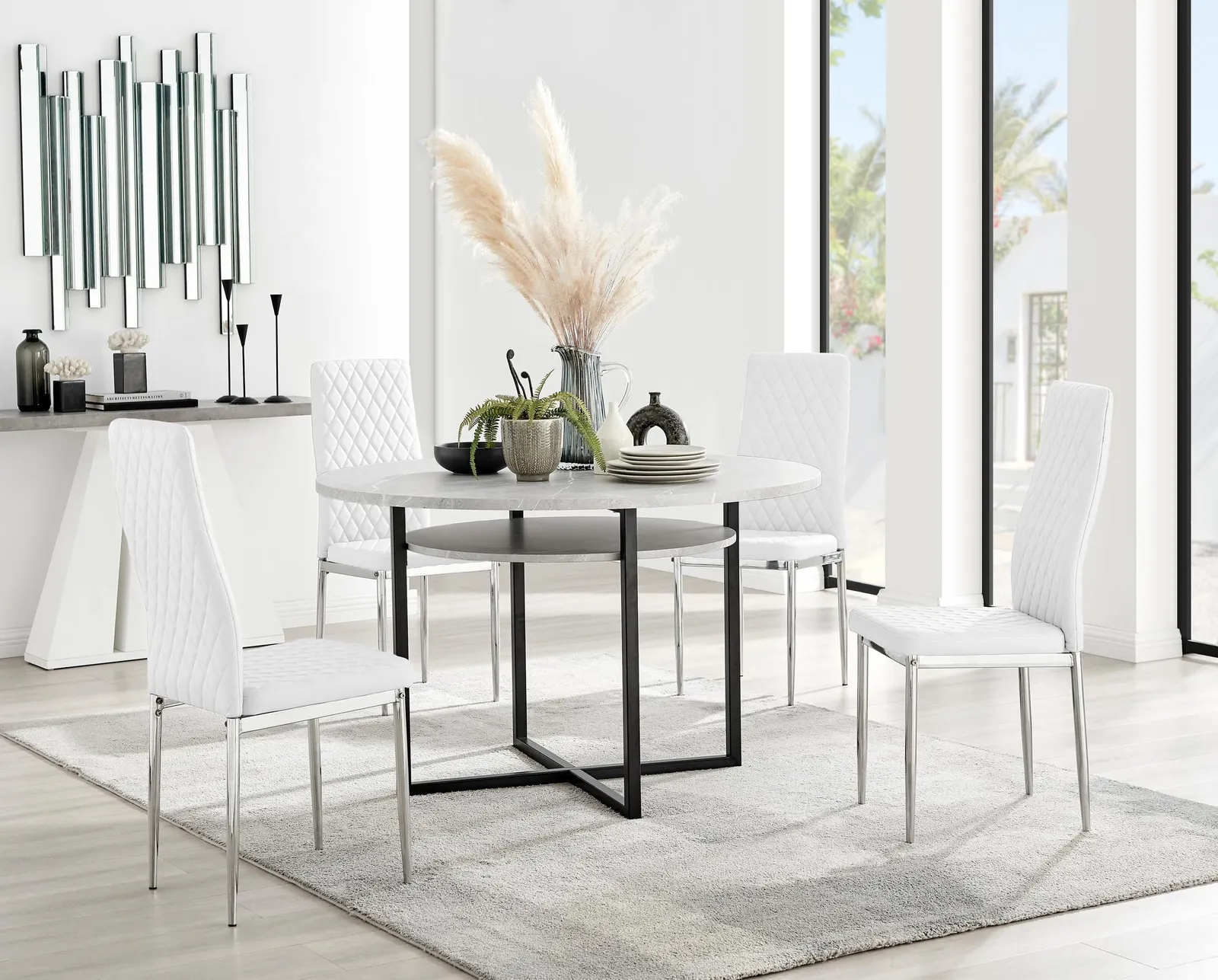 FurnitureboxUK Adley Grey Concrete Effect Round Dining Table & 4 Milan Chrome Leg Faux Leather Chairs in White 1