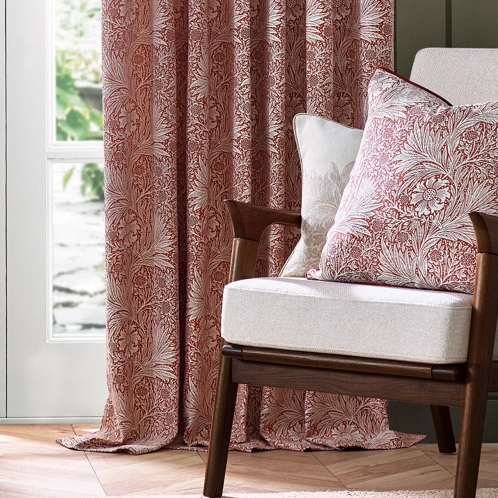 Morris & Co Marigold Jacquard Floral Room Darkening Pencil Pleat Curtains in Red 4