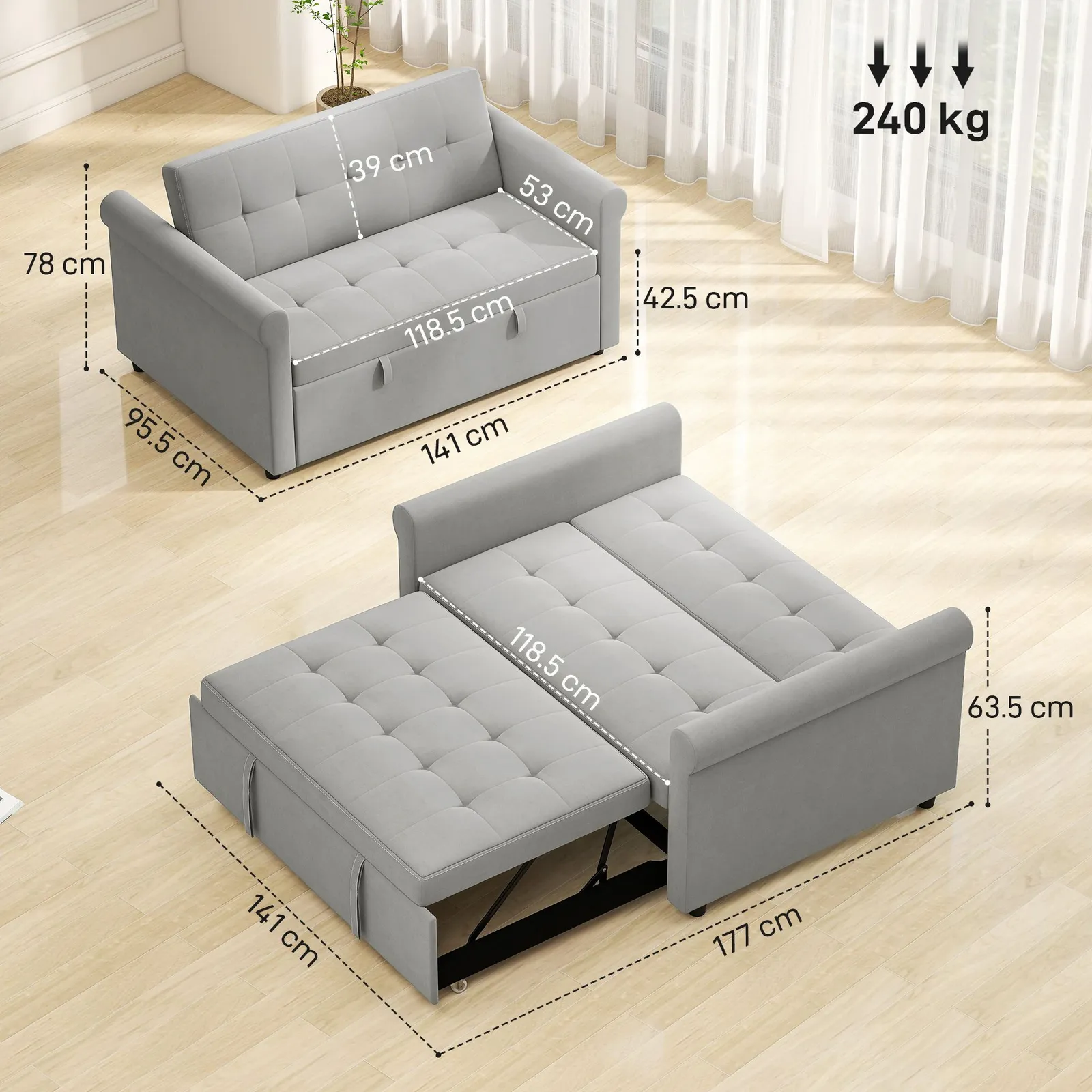HOMCOM Convertible Pull Out Sleeper Sofa Bed Settee for Living Room, Grey 3