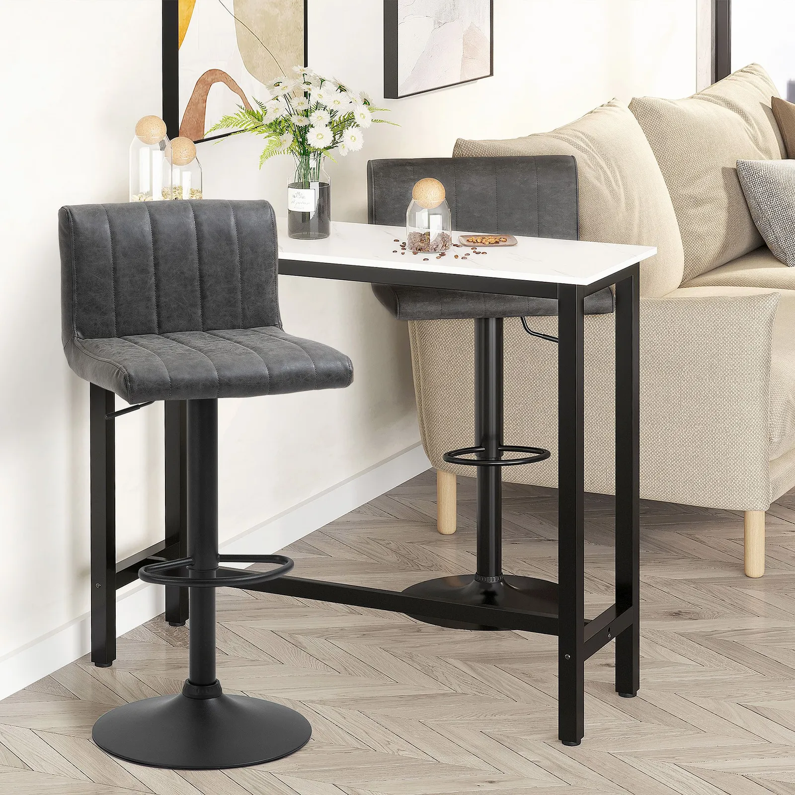 HOMCOM Set of 2 Adjustable Height Swivel PU Leather Counter Bar Chairs in Grey 6