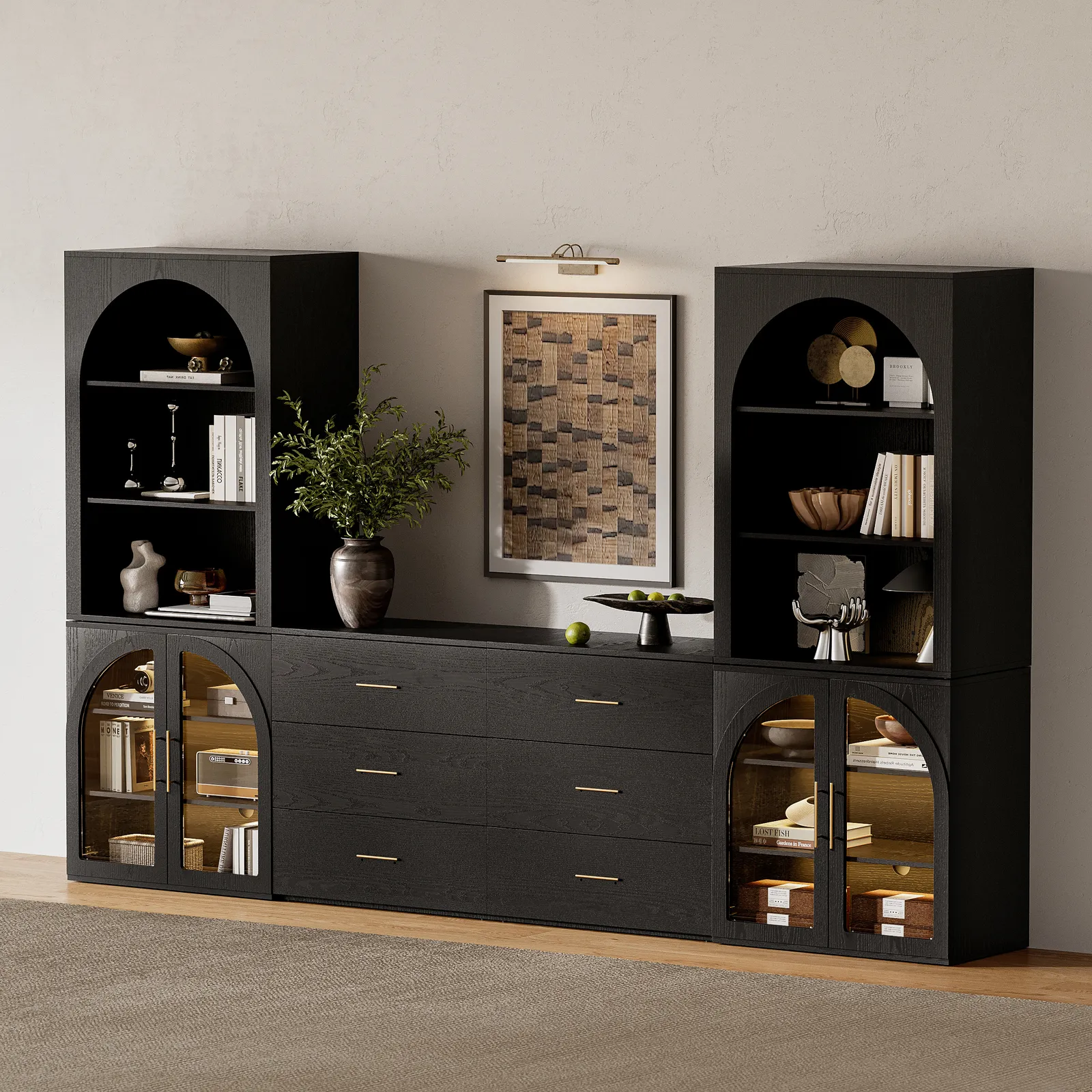 Arune 126" Arched Glass Door 3-Piece Entertainment Center with Bookshelf