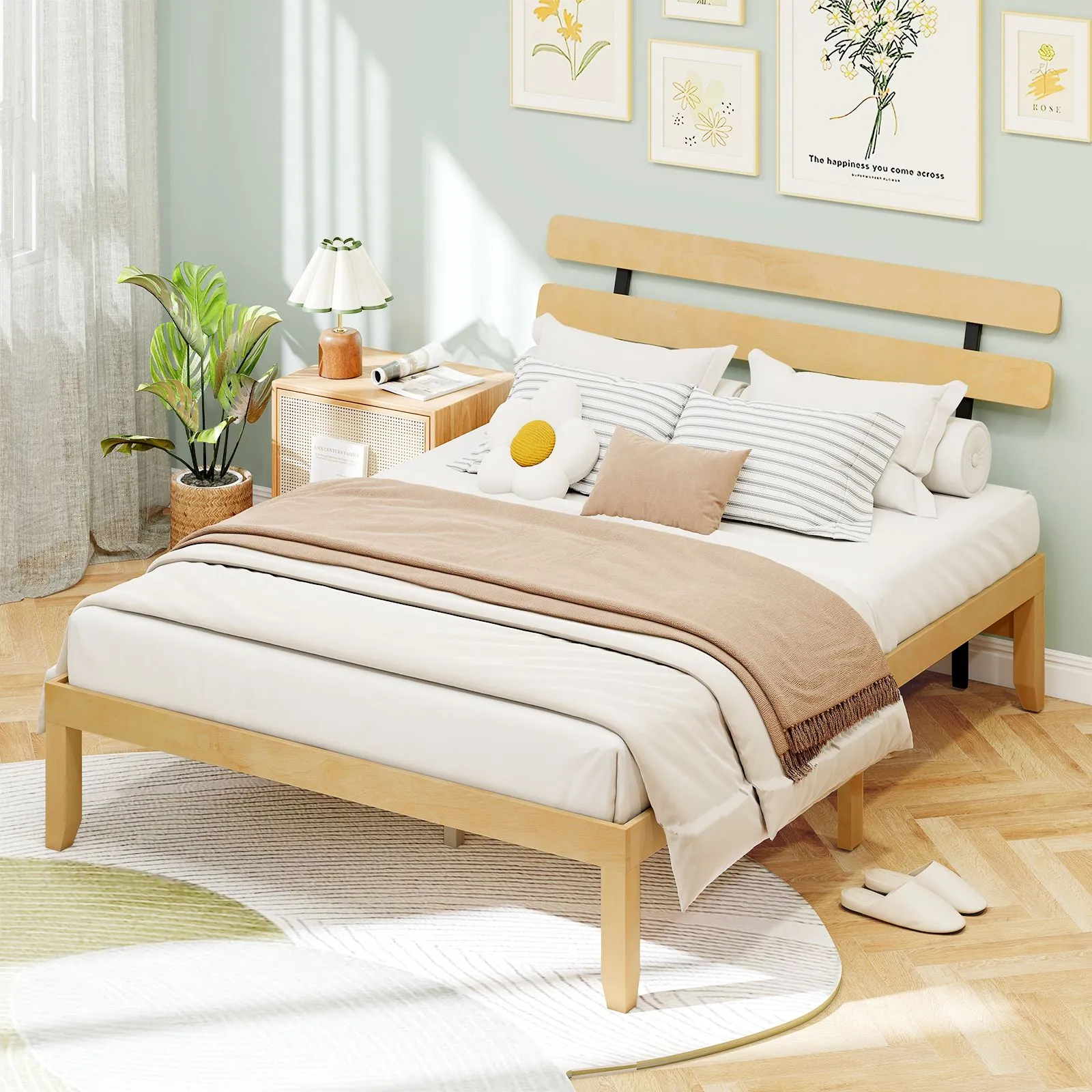 Costway King Size Bed Frame Wood Platform Bed w/ Retro Headboard in Natural