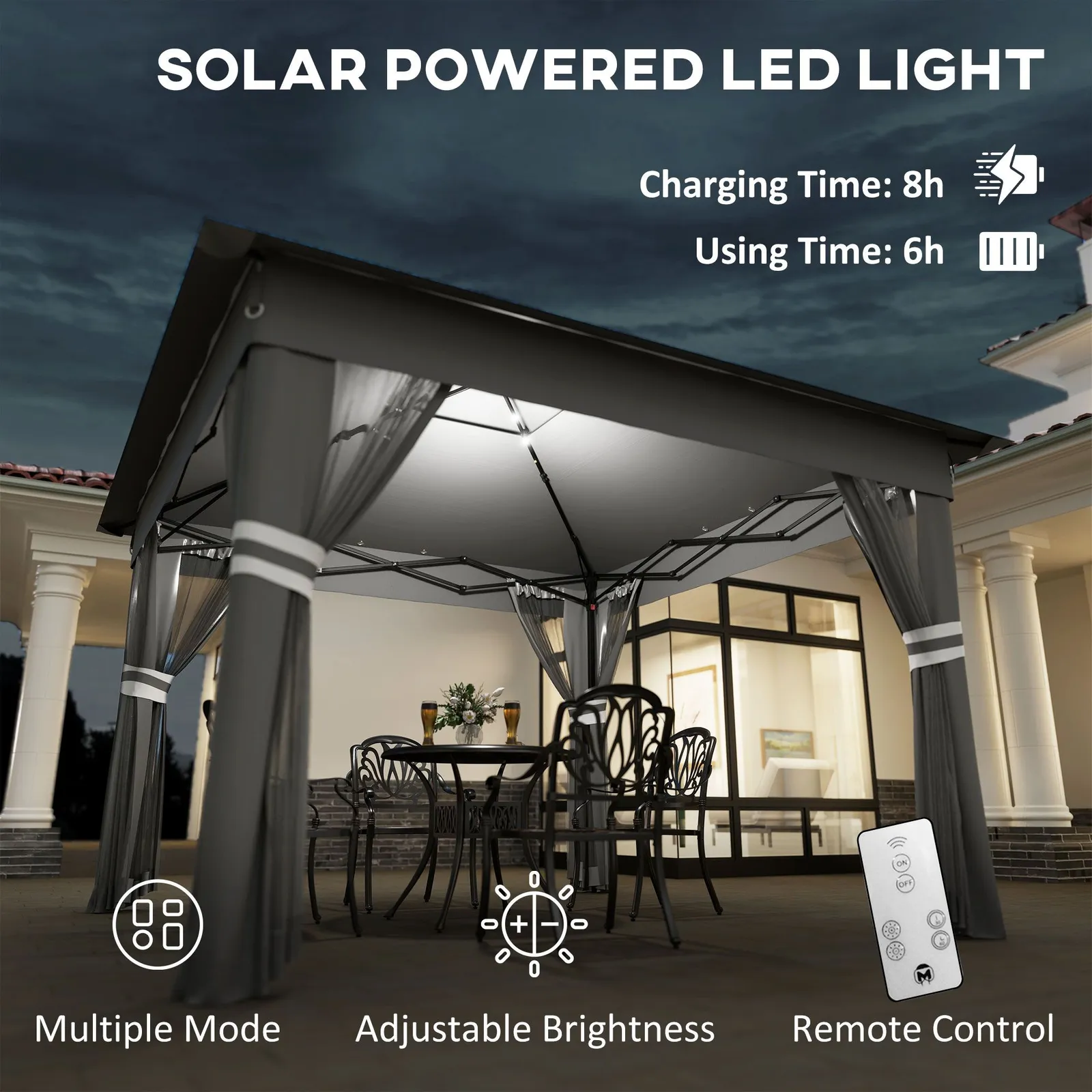 OUTSUNNY 3x3(m) Pop Up Gazebo w/ Solar-Powered LED Lights Curtain Netting in Grey 4