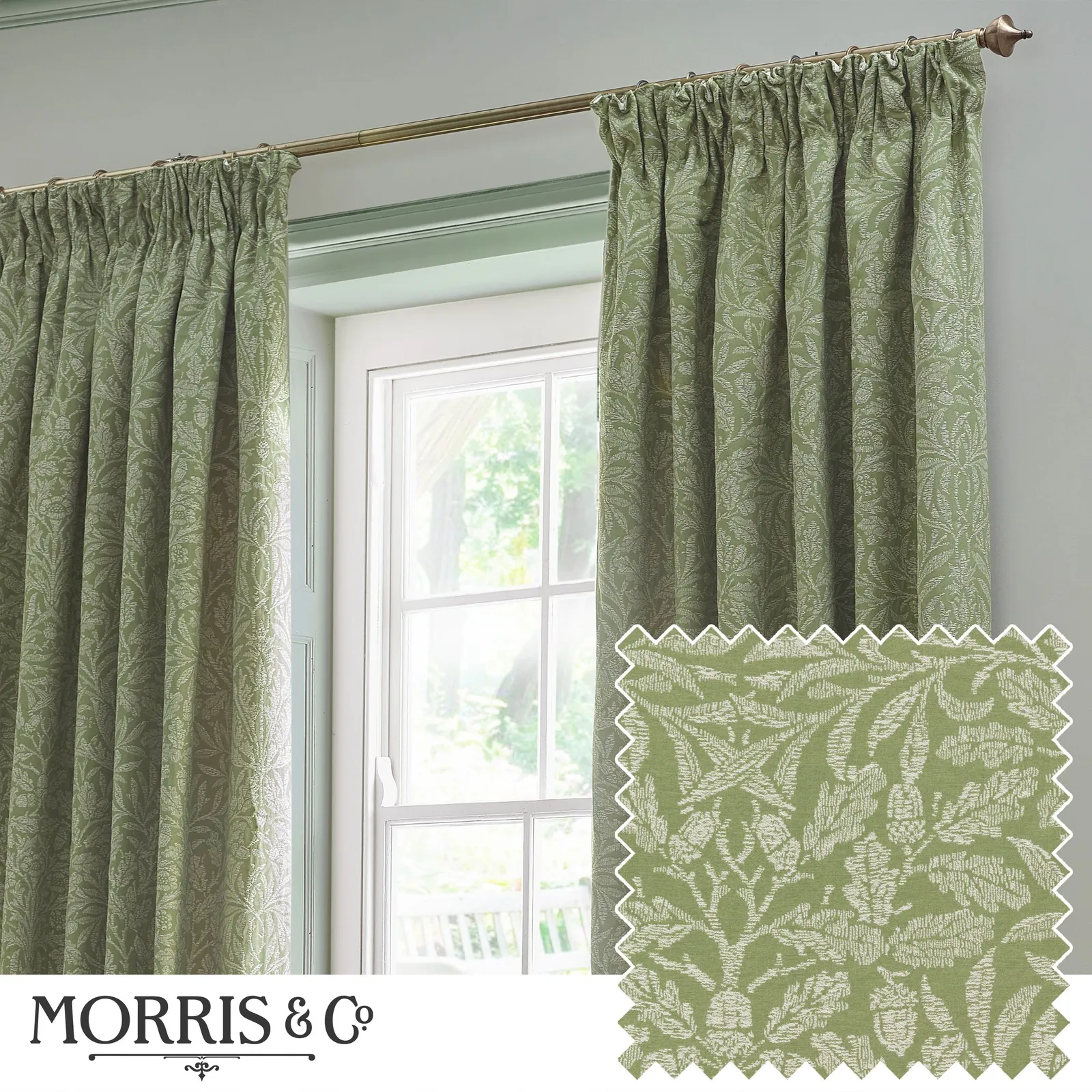 Morris & Co Acorn Tonal Fully Lined Matt Jacquard Pencil Pleat Curtains in Green 1