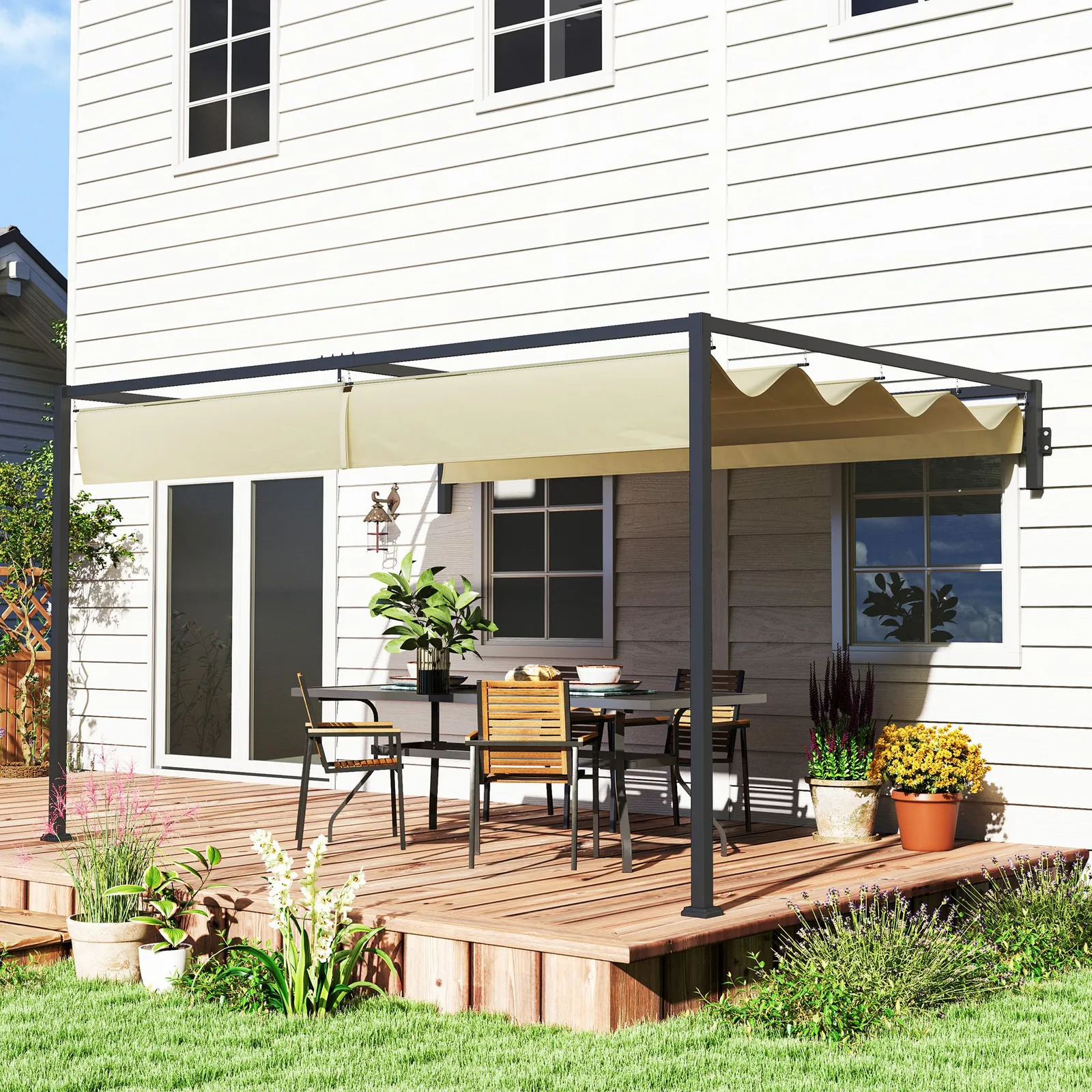 OUTSUNNY 3 x 4m Wall Mounted Pergola with Retractable Roof, Khaki 2