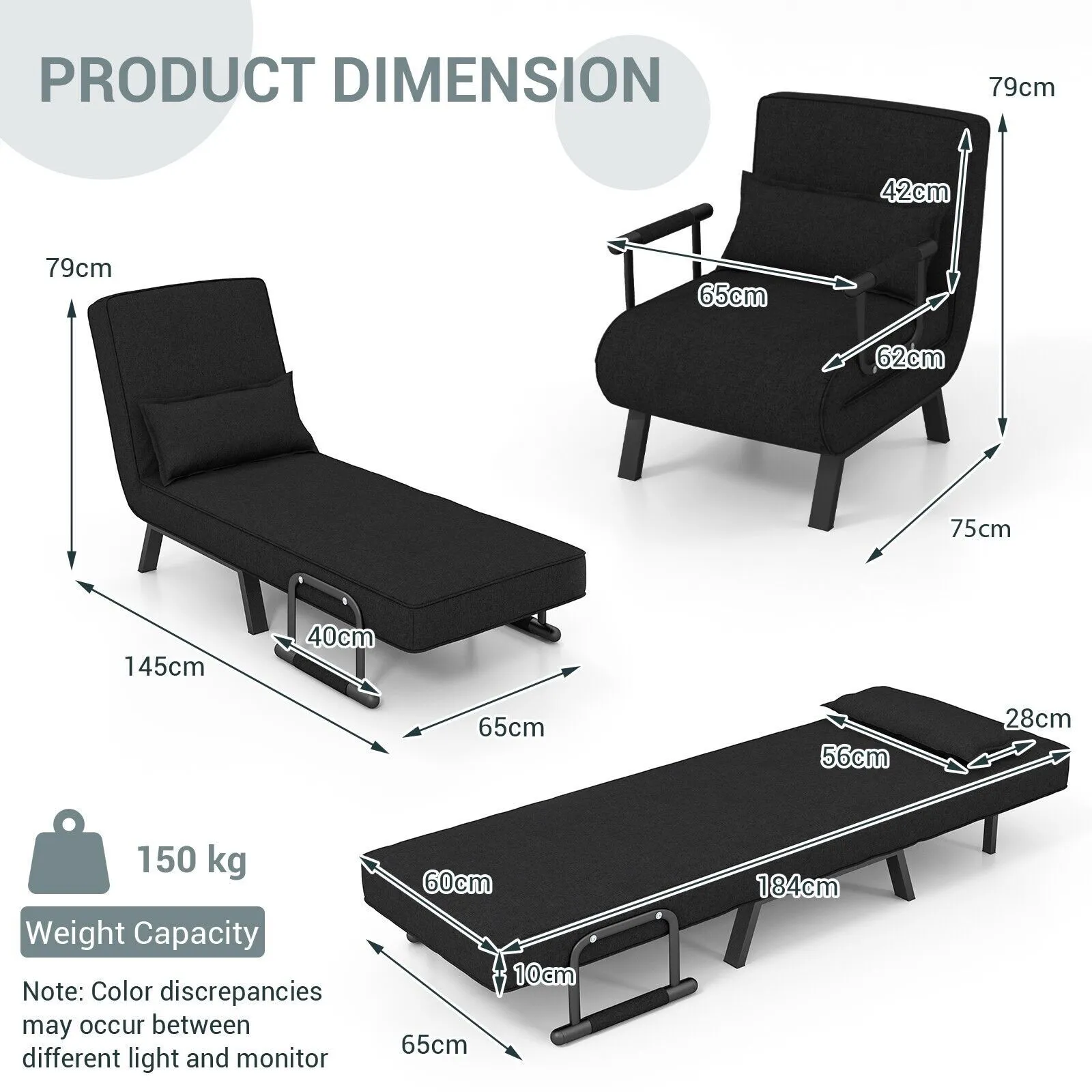 Costway Convertible Single Folding Sofa Bed Sleep Chair with 6 Positions Adjustable Backrest in Dark Grey 2