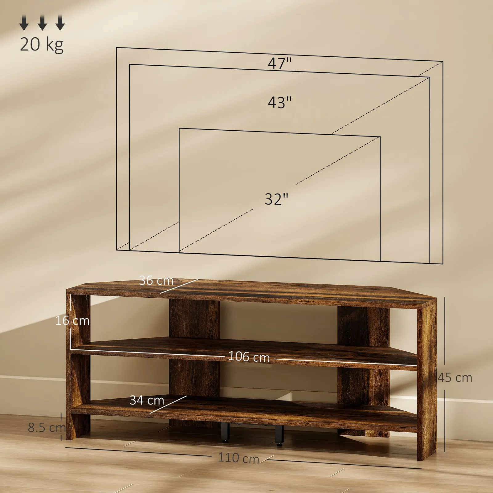 HOMCOM Corner TV Stand, TV Unit with Open Shelves for 47 Inch TV in Dark Brown 3