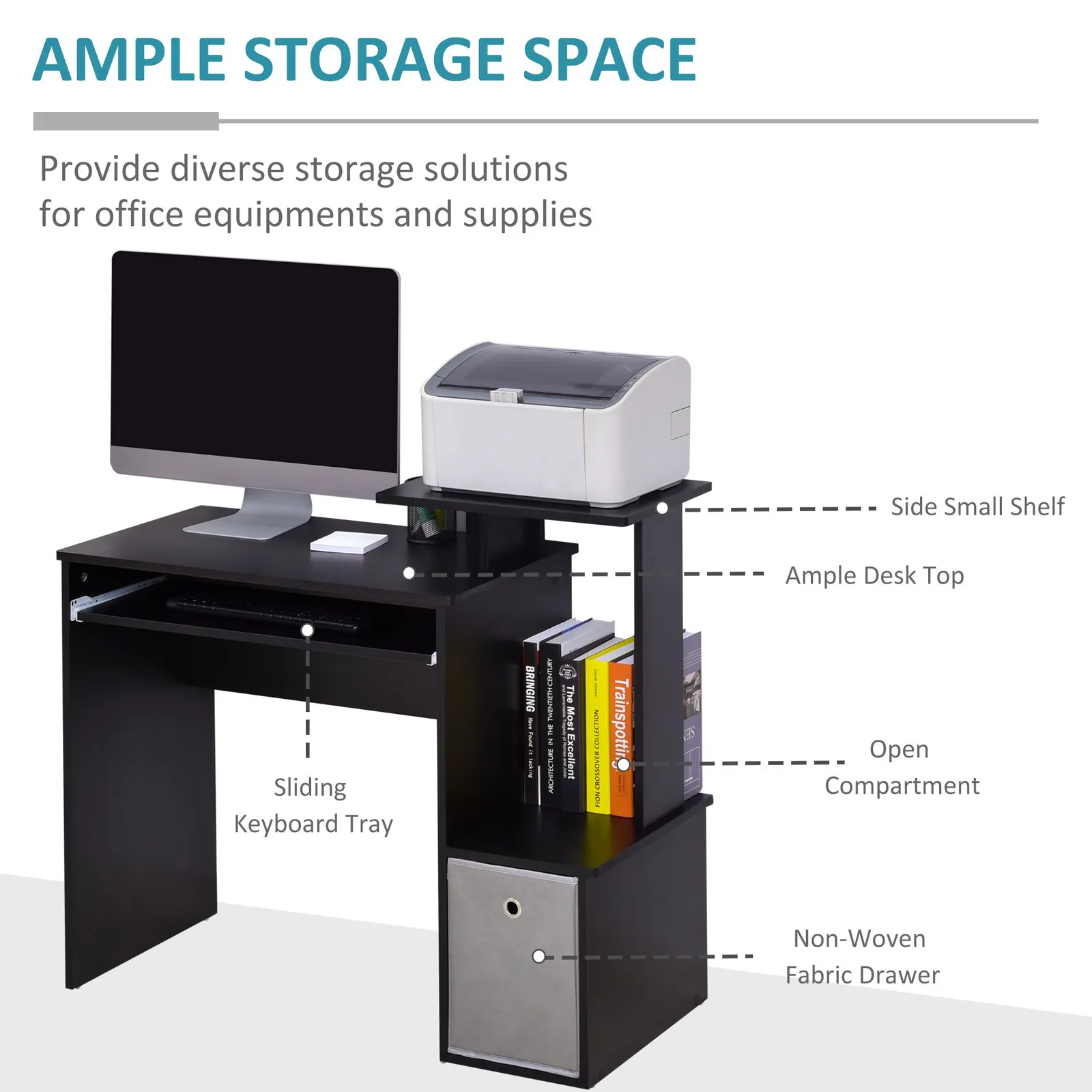 HOMCOM Computer Desk with Sliding Keyboard Tray Storage Drawer Shelf in Black 4
