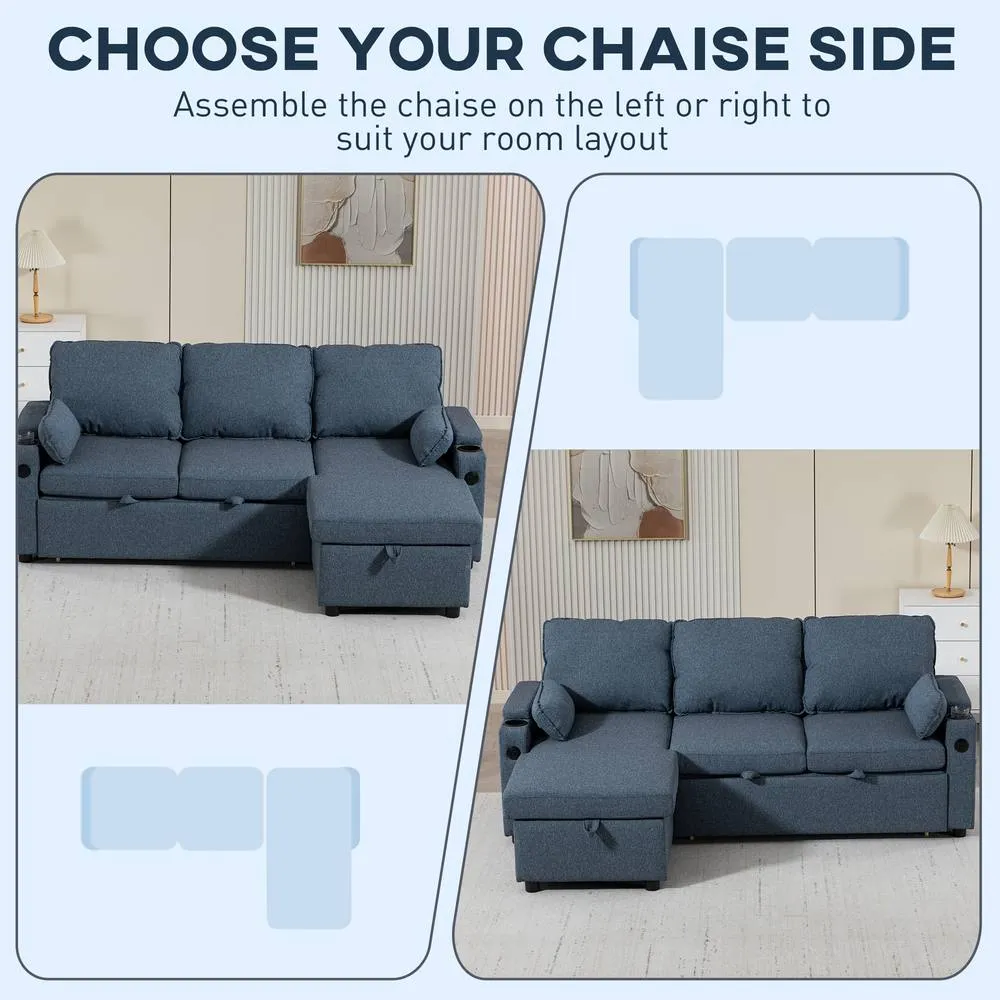 HOMCOM Corner Sofa Bed, L Shaped Sofa with Storage Chaise, USB Ports in Blue 5