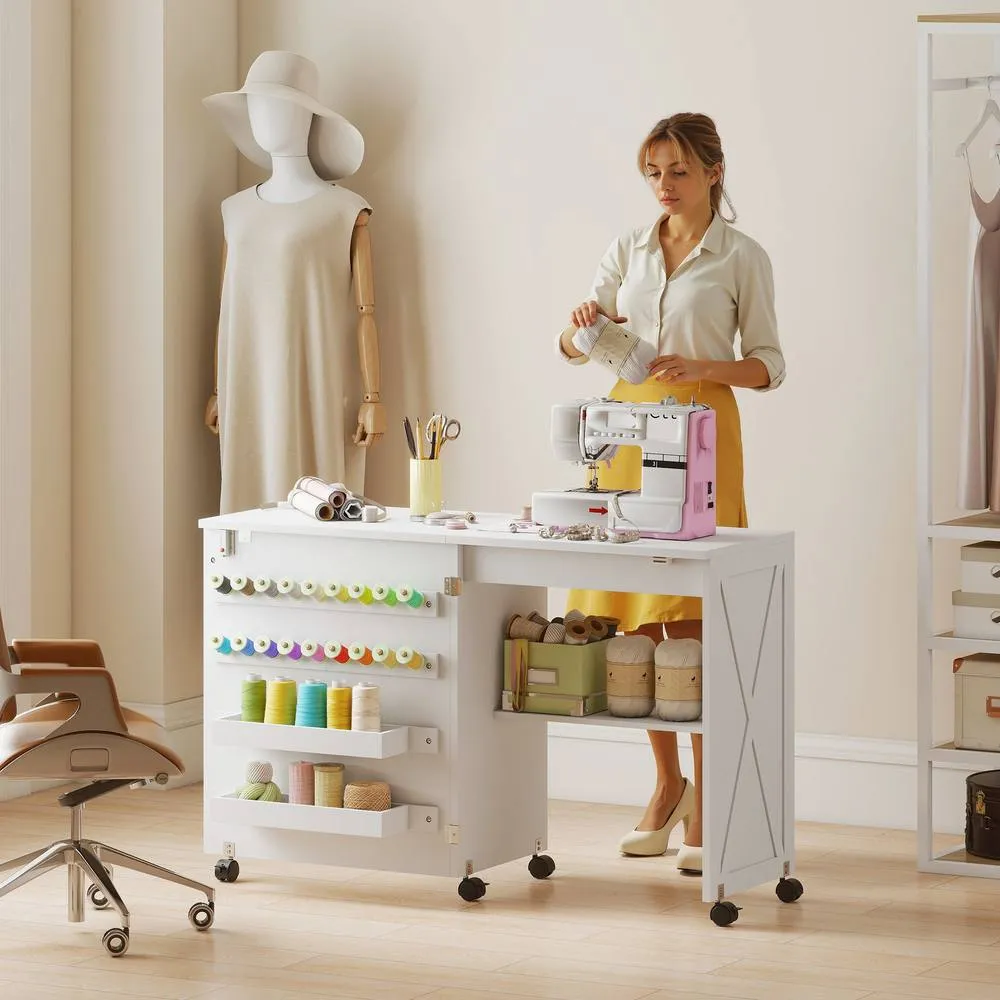 HOMCOM Folding Sewing Table, Craft Table with Storage compartments, White 2