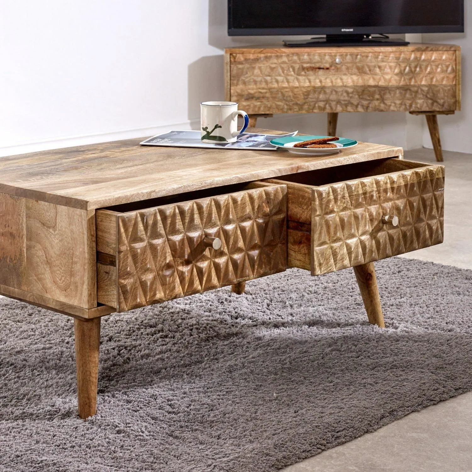 IH Design Ryley Light Mango Wood Coffee Table with 2 Drawers in Natural 2