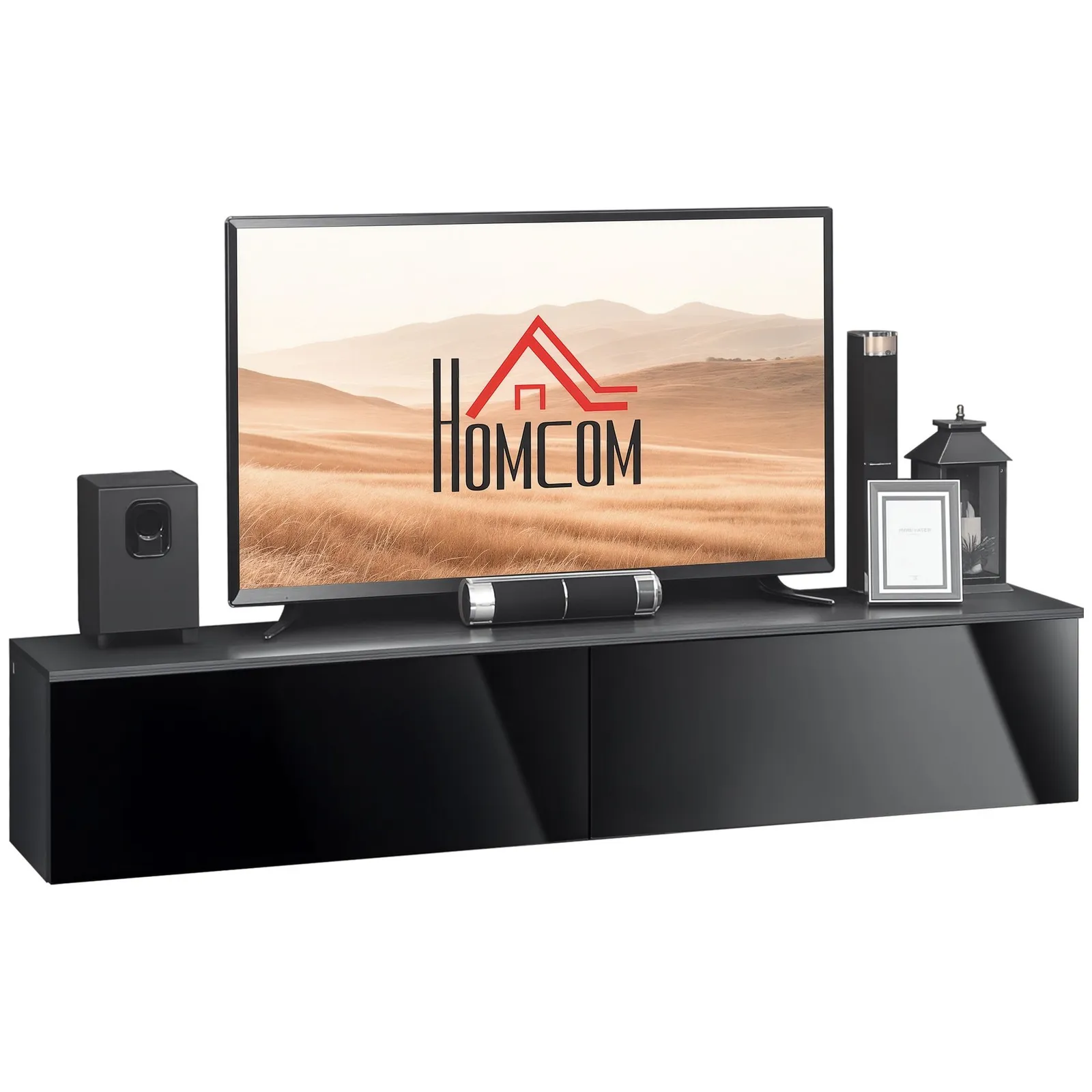 HOMCOM Wall Mounted TV Stand Unit with Storage & High Gloss Effect, Black in Grey 2