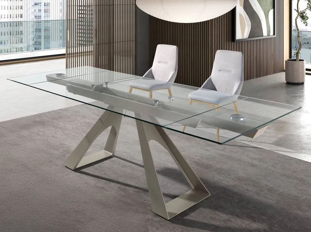 Angel Cerda Rectangular Extendable Dining Table, Tempered Glass, Taupe Steel 3