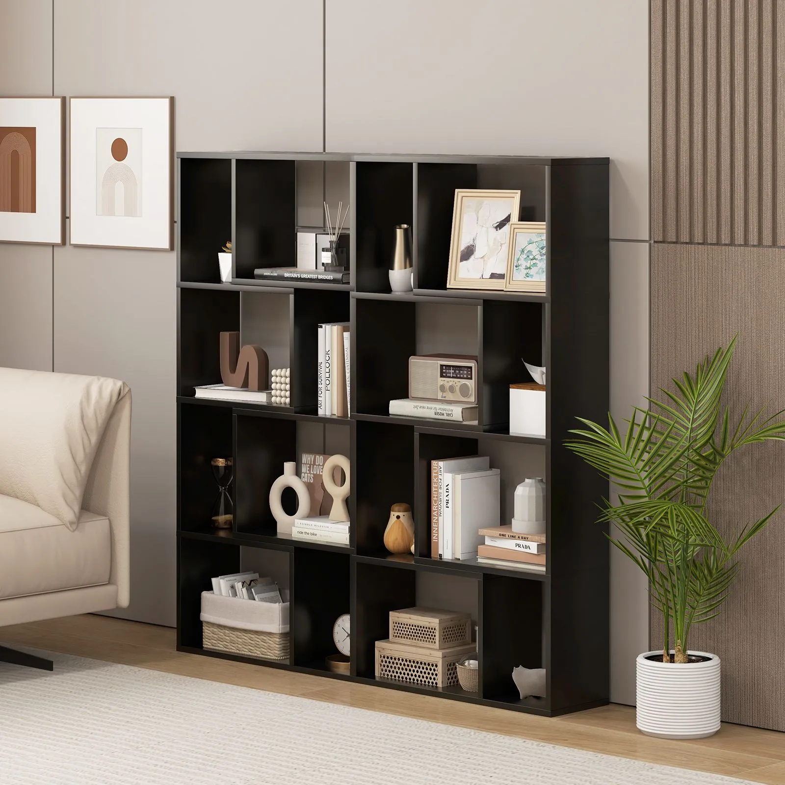 Costway 5-Tier Geometric Bookshelf 120 CM Tall Bookcase Modern 8-Cube Display Shelving in Black 4