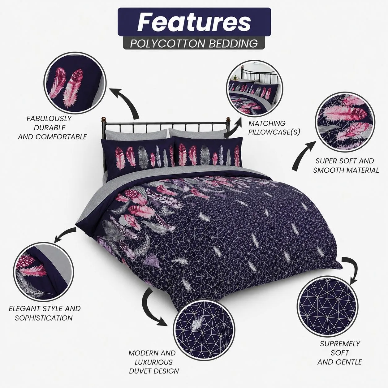 Smart Living Printed Polycotton Feathers Duvet Cover With Pillowcases in Purple 2