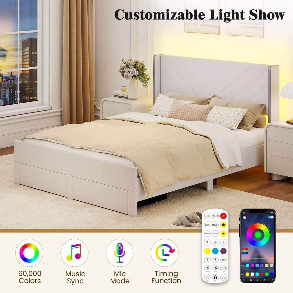 Costway King Size Bed Frame w/LED Lights Dutch Velvet Upholstered Platform Bed in Beige 6