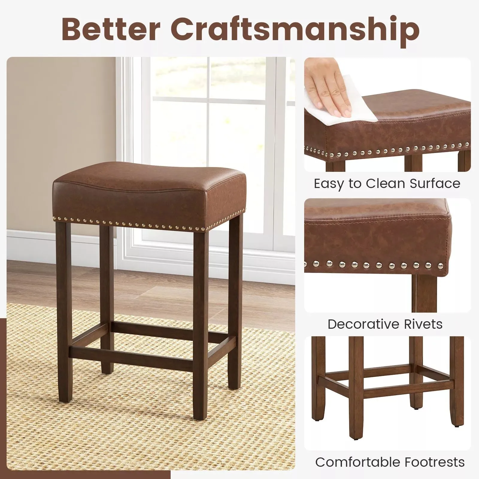 Costway Set of 2 Bar Stools Upholstered Counter Height Saddle Stools PU Leather 60cm in Brown 4