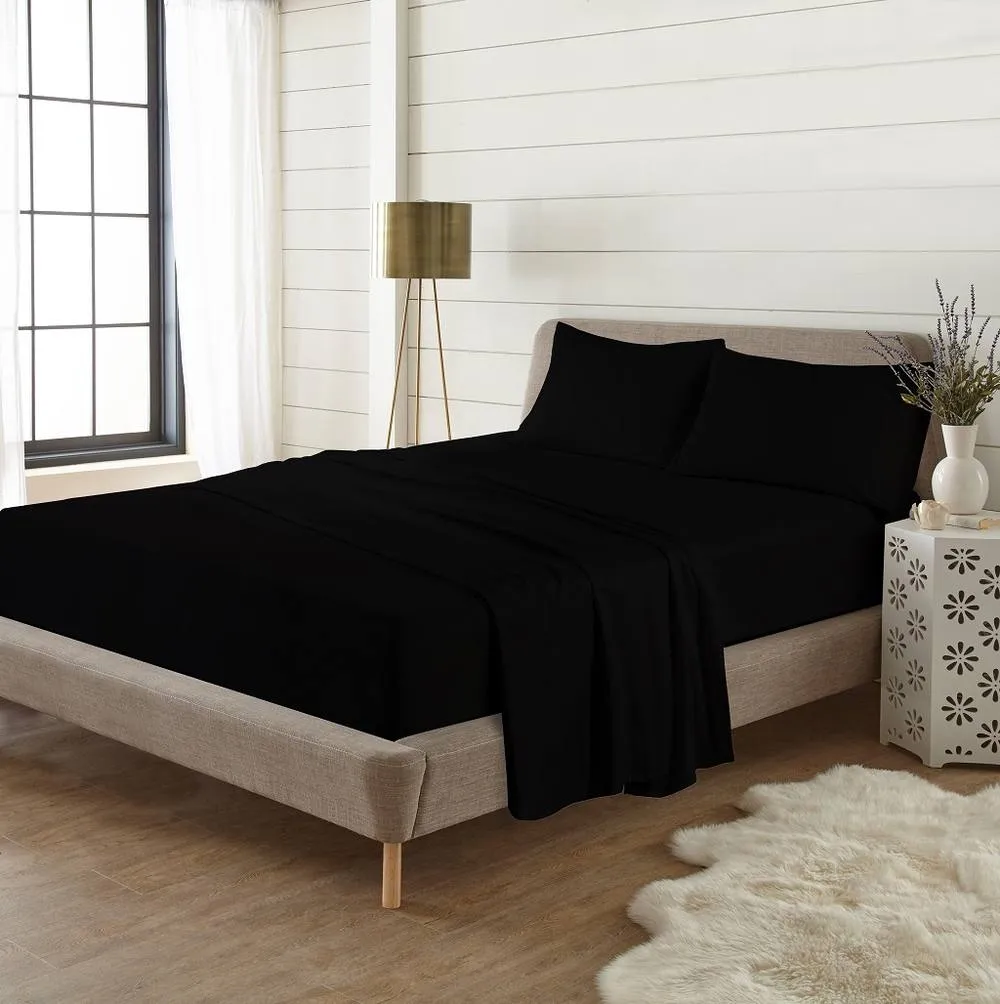 Homes-Linen Plain Thermal Flannelette Flat Sheet 100% Brushed Cotton Bedding in Black