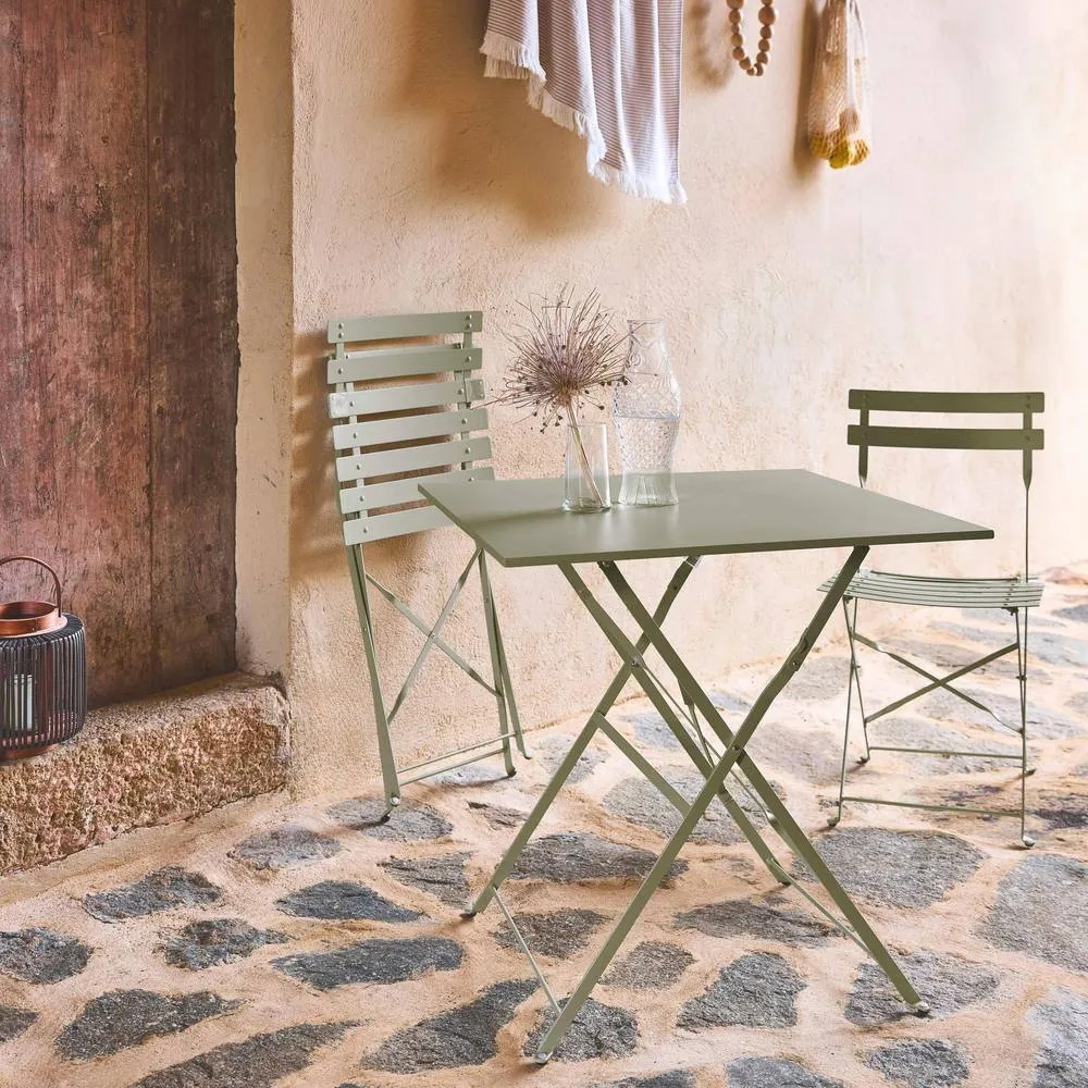 sweeek Square 2-seater folding metal bistro garden table with 2 chairs in Light Green 4
