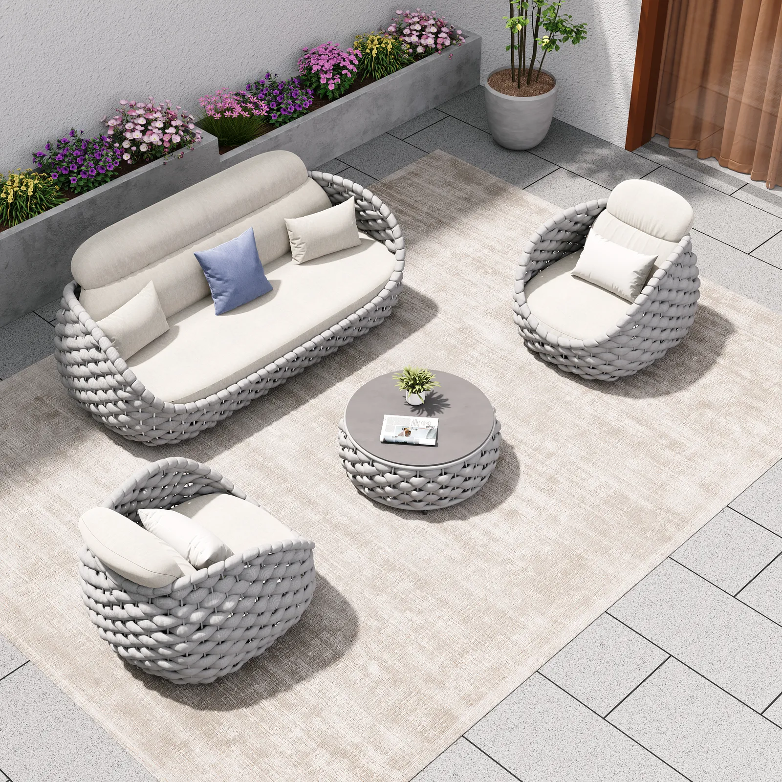 Cocaro 4 Pieces Woven Rope Garden Swivel Sofa Set 360 Degree Rococaroble with Coffee Table