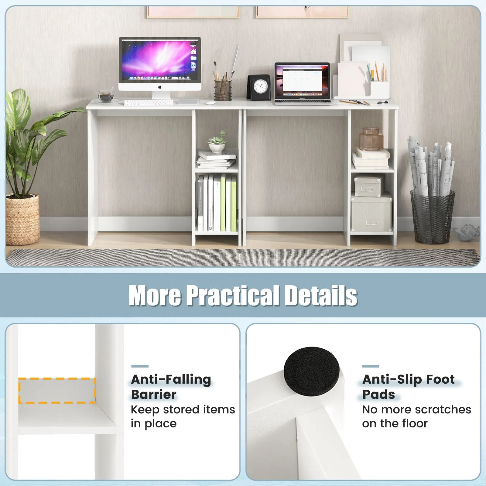 Costway Wooden Computer Desk Writing Desk PC Laptop Table W/2 Compartments in White 5