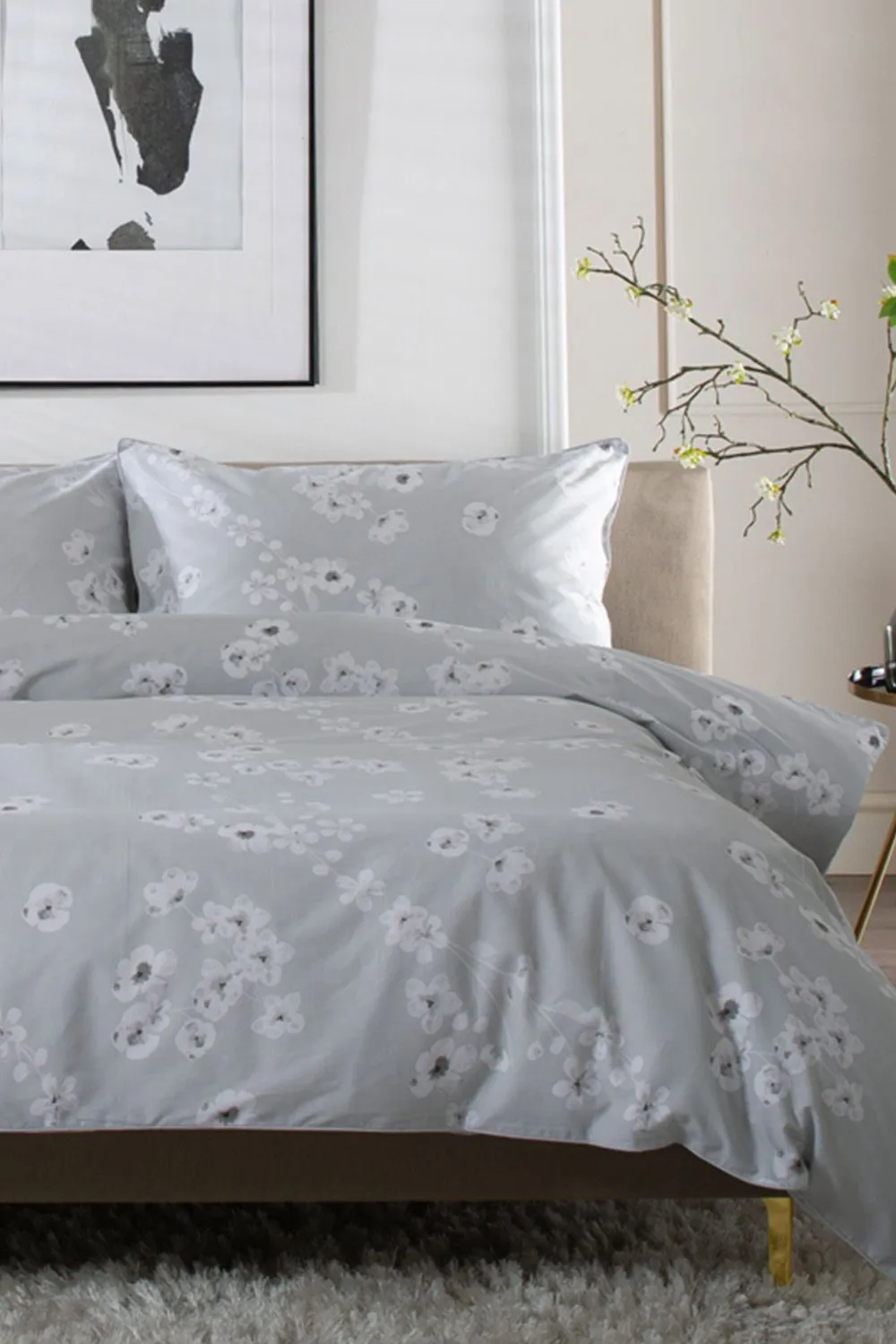 The Lyndon Company Petite Fleure Printed 100% Cotton Duvet Cover Set with Piped Edges in Grey 2