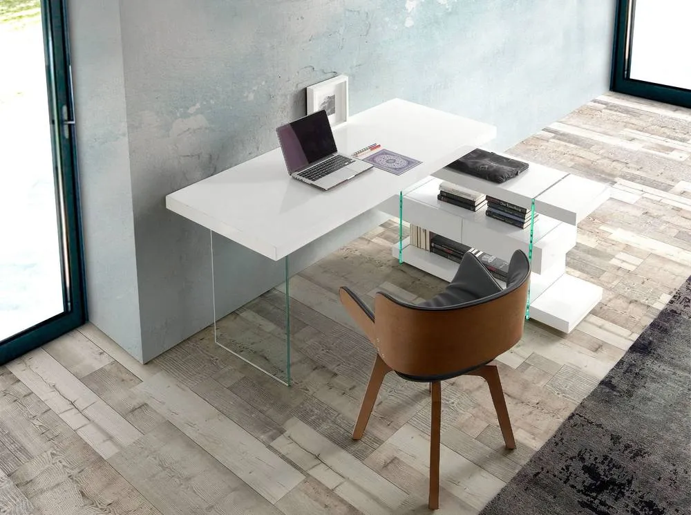 Angel Cerda White MDF Desk with Tempered Glass Legs & 2 Drawers 4
