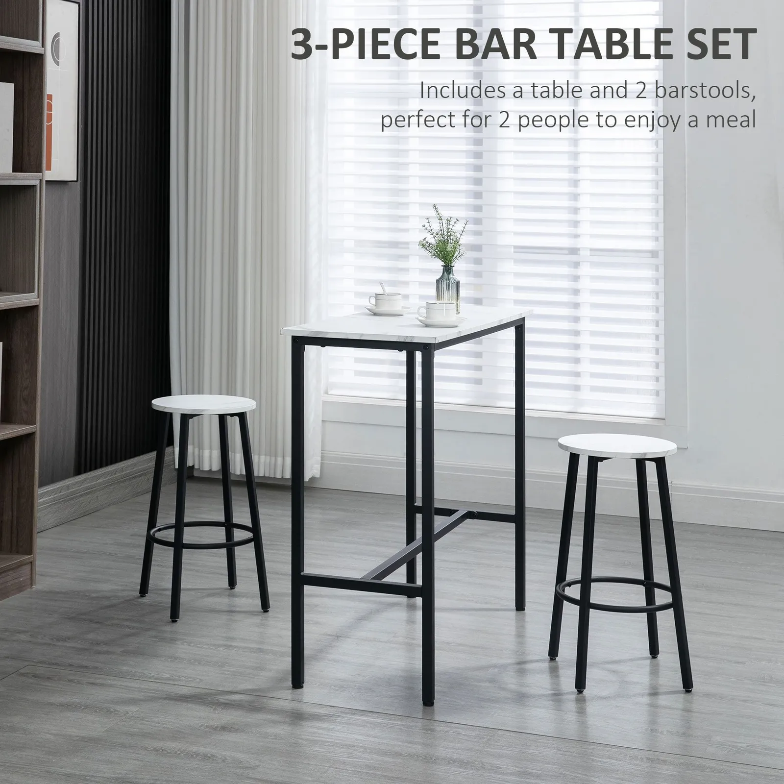 HOMCOM 3 Piece Bar Table Set for 2 with Stools Steel Frame Footrest White 4