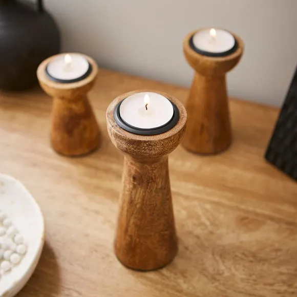 Set of 3 Mango Wood Candle Holders 2