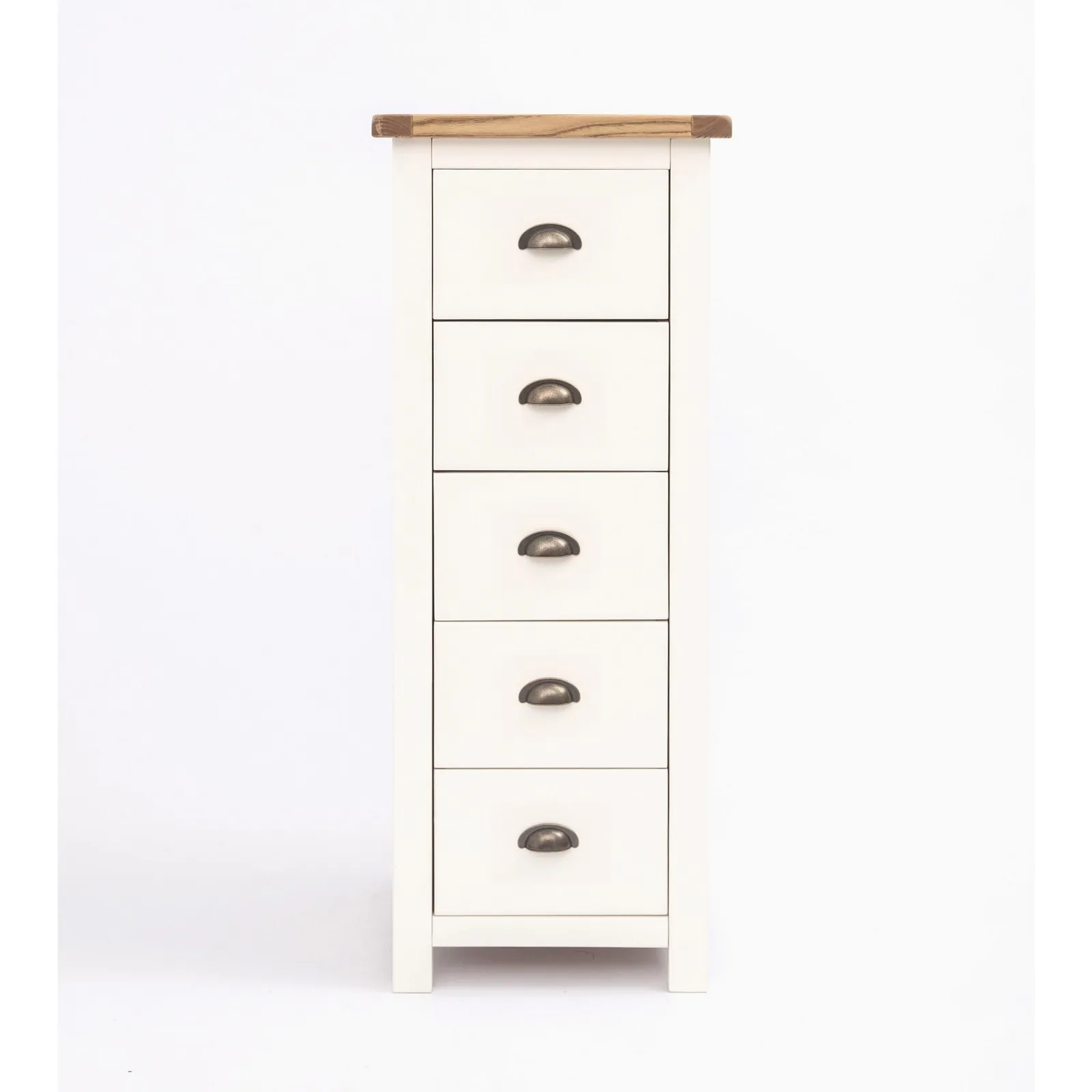 Cabinet Bits Lovere 5 Drawer Narrow Chest of Drawers Brass Cup Handle in Off-White