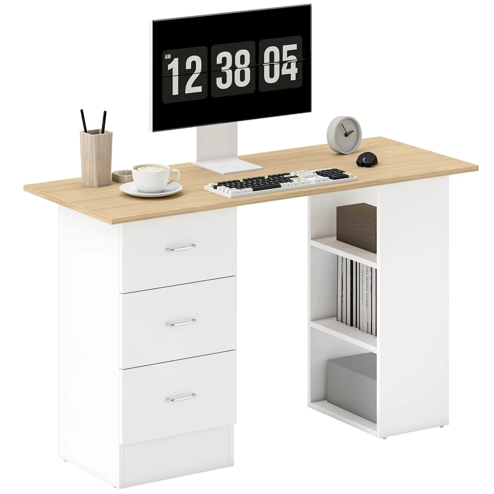 HOMCOM 120cm Computer Desk, Study Table with 3 Shelf & Drawers in Natural 2