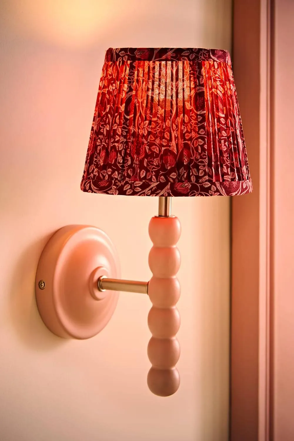 ValueLights Bobbins Burgundy Floral Pleat Shade Wooden Bobble Wall Light & Bulb in Baby Pink 2