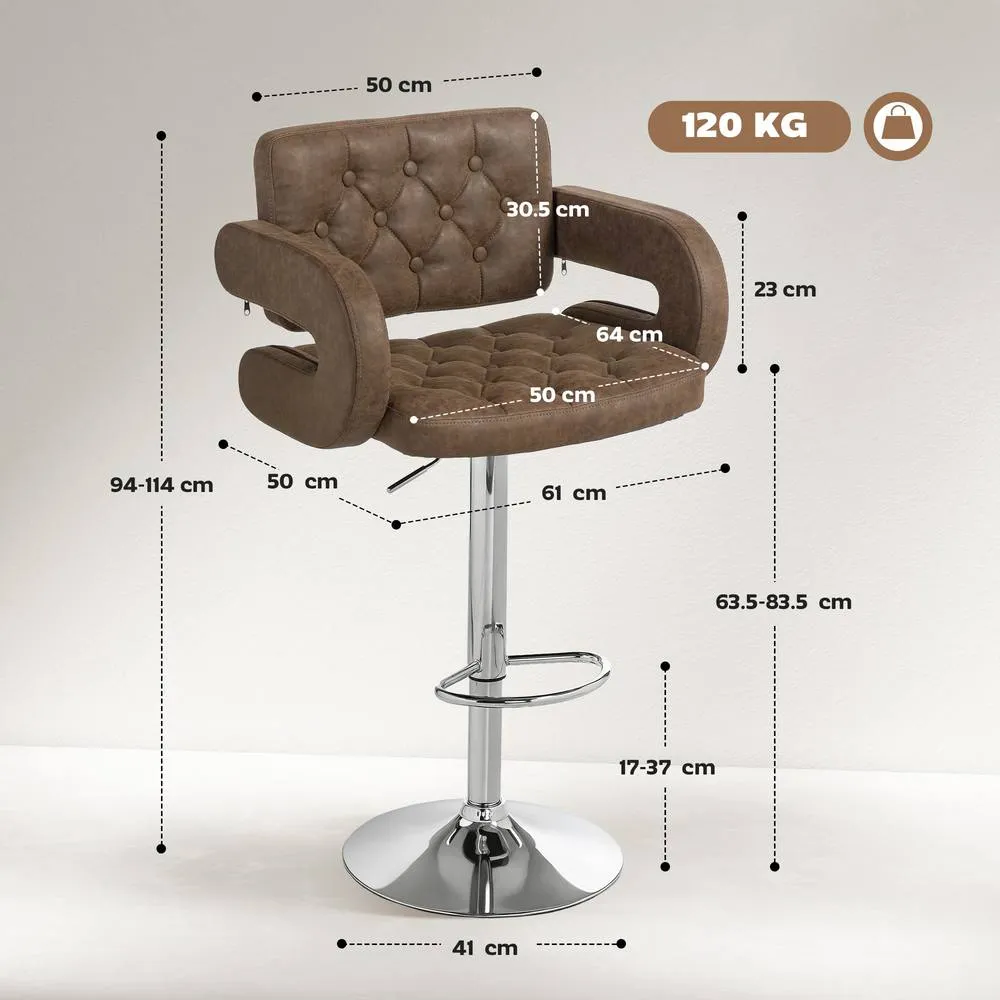 HOMCOM Adjustable Height Barstool Steel Pole PU Leather Bistro in Dark Brown 3