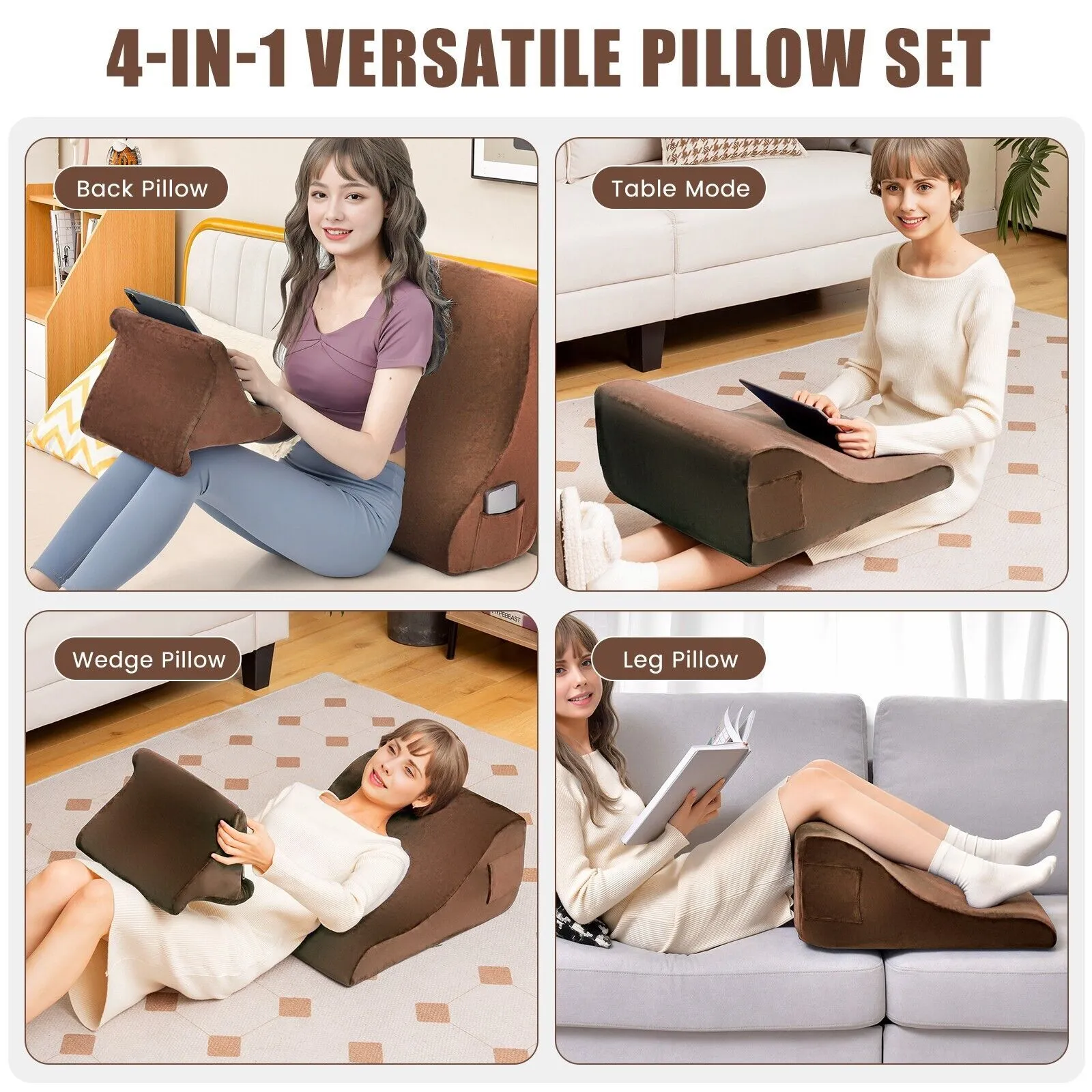 Costway 4 in 1 Bed Wedge Pillow Tablet Pillow Stand Side Pockets High Resilience Foam in Brown 4