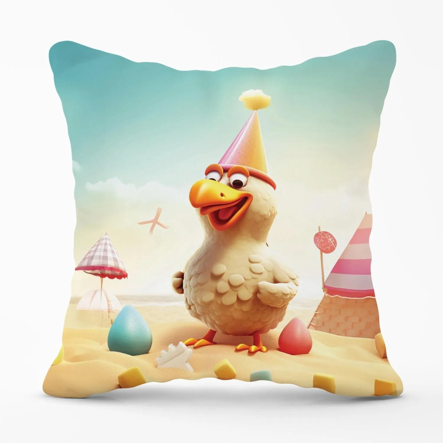 Warren Reed - Designer Funky Chicken On A Beach Holiday Outdoor Cushion in Yellow